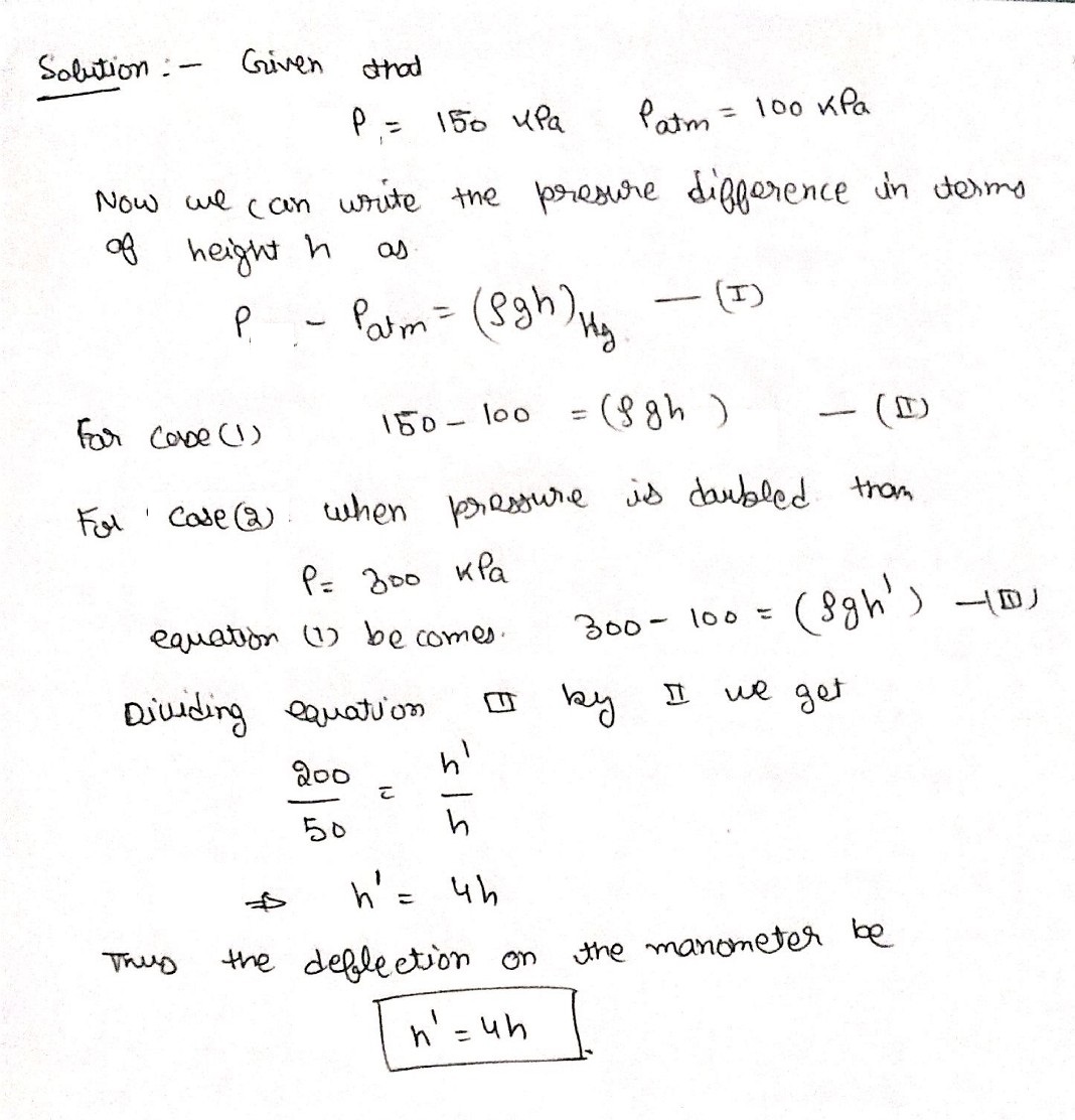 (Solved) The deflection on the manometer is h meters when the