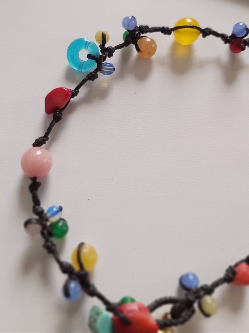 Beaded Ankle Bracelet With Coral, Cherry Quartz, Onyx, Jade, Turquoise