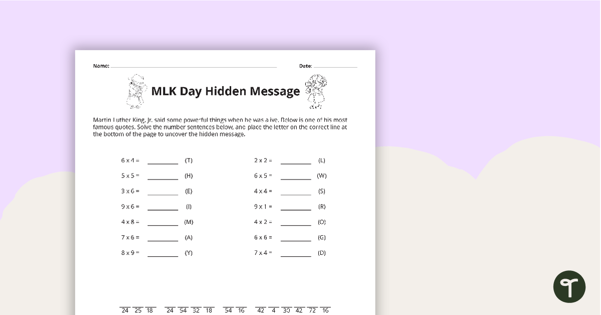 MLK Day Hidden Message Upper Grades Teach Starter