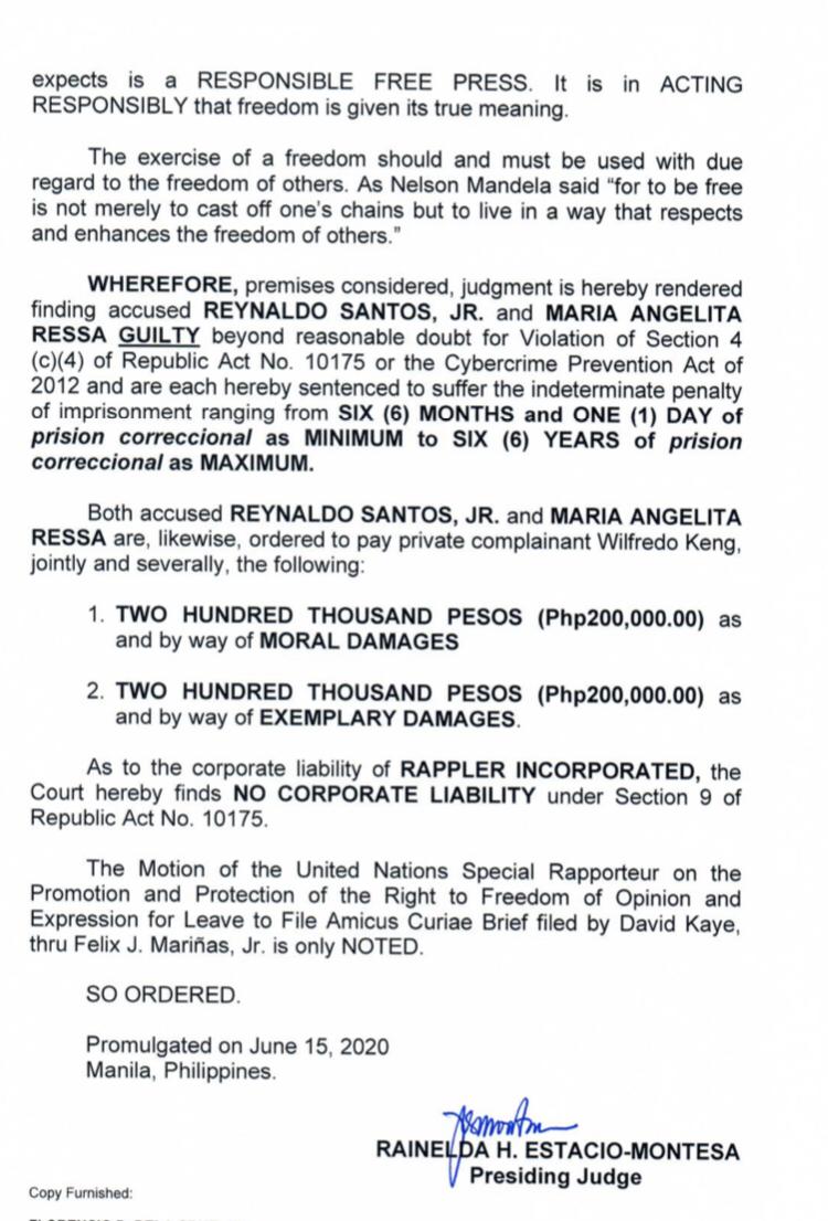 Kengs camp on Ressa's cyber libel verdict This shows that there is a