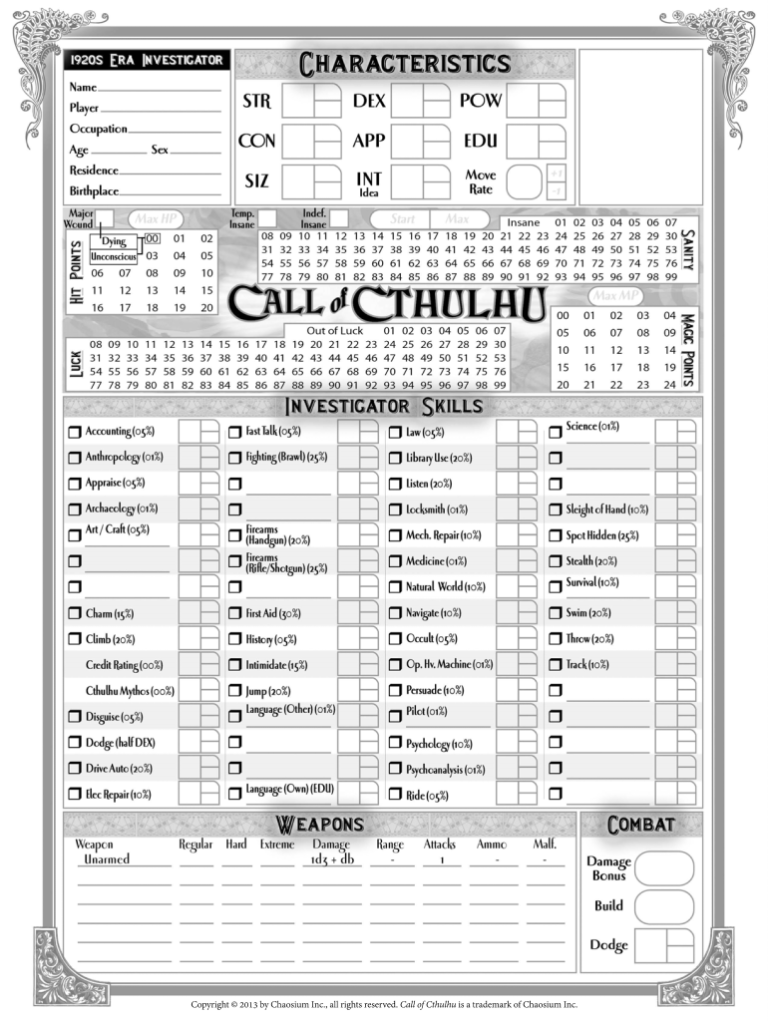 Trail Of Cthulhu Form Fillable Character Sheet Printable Forms Free