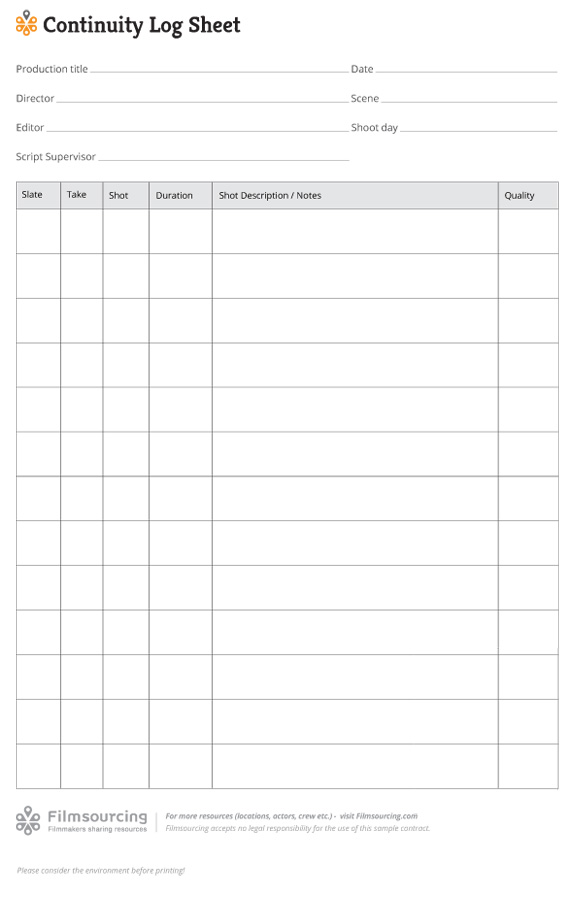 Continuity Logsheet Template (lores preview) Film Production Documents