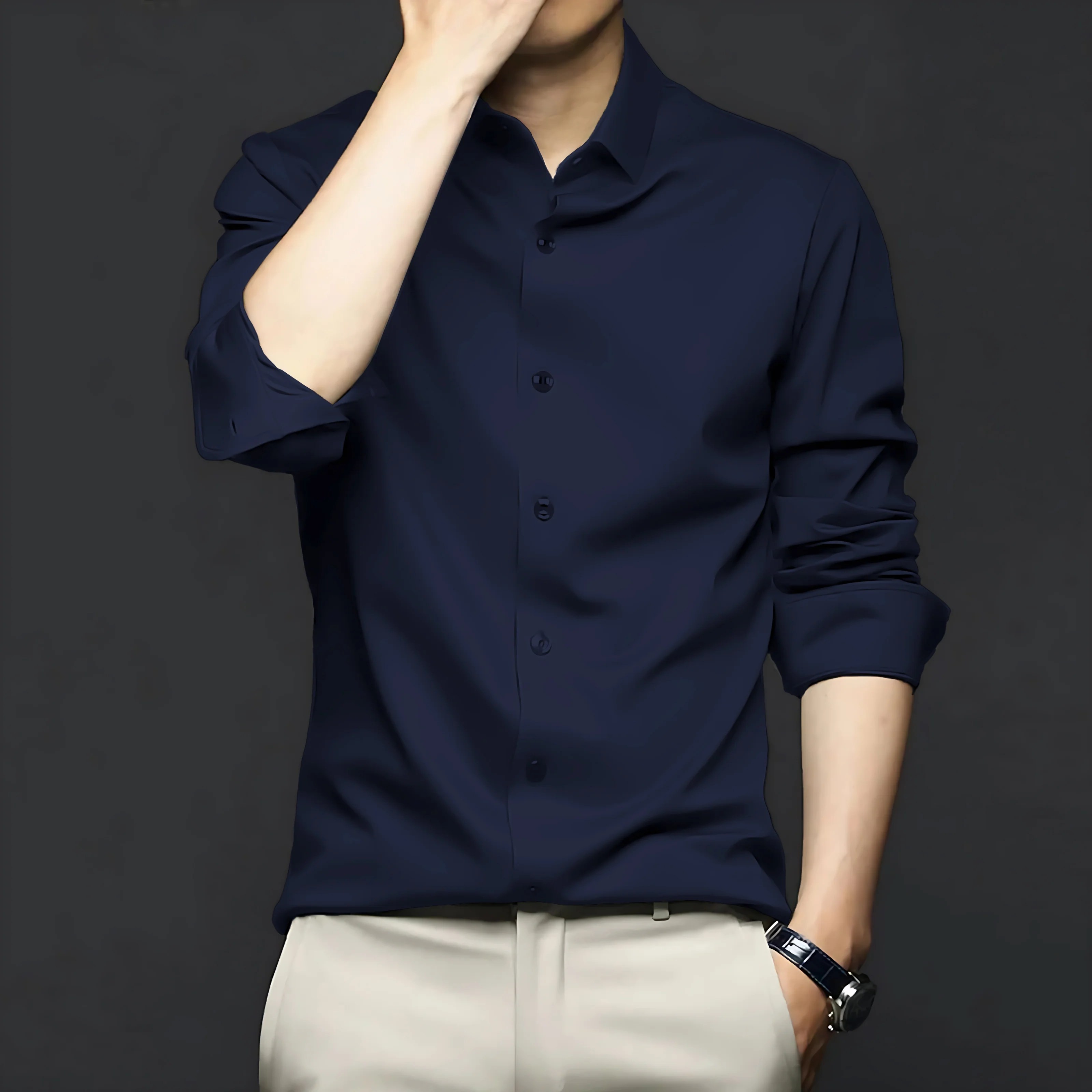 Satin Formal Party Wear Navy Blue Shirt