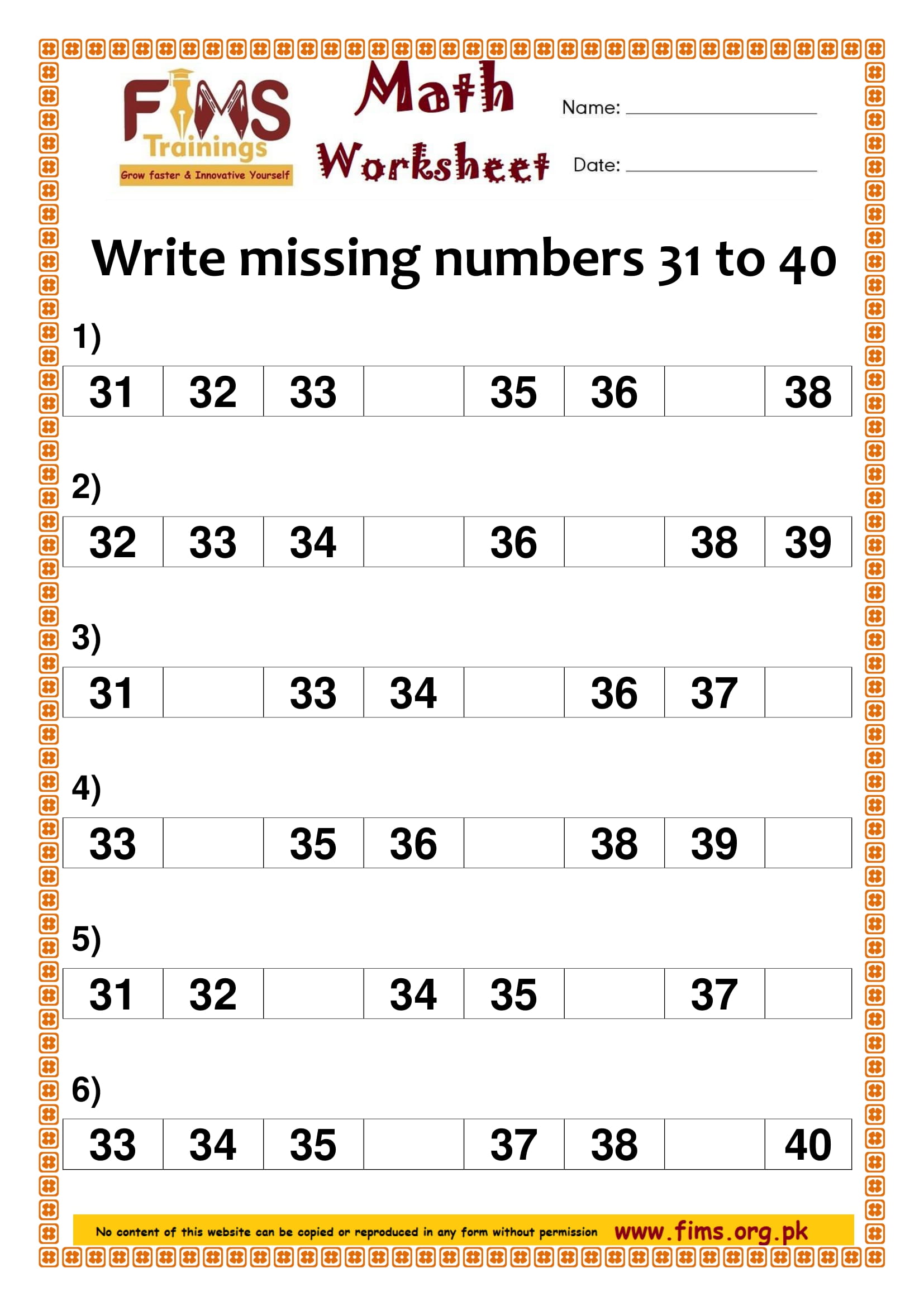 Write missing numbers 31 to 40 - Free Printable Worksheets- Download Pdf