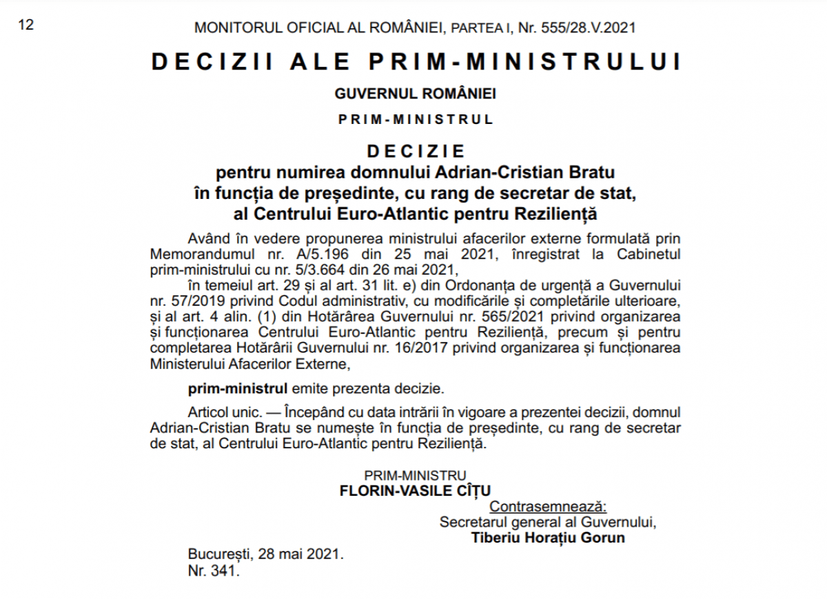 Adrian Cristea Bratu Numit In FuncÅ£ia De Presedinte Al Centrului Euro Atlantic Pentru RezilienÅ£Ä Financial Intelligence
