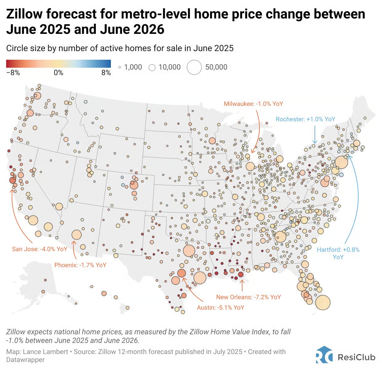 Zillow home price forecast by city and metro June 2025 to June 2026