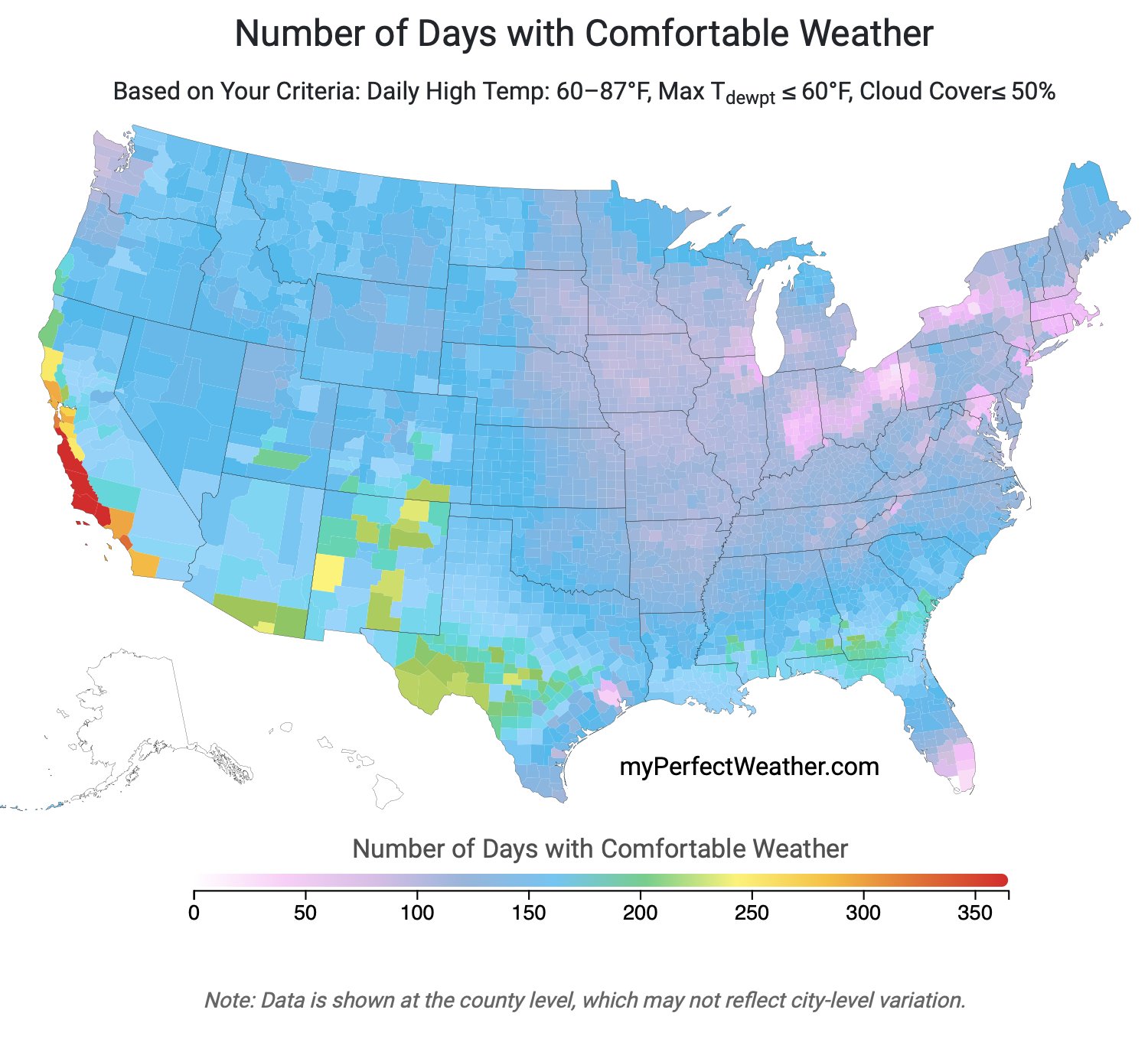Number of days with comfortable weather in America (60 - 87 degrees