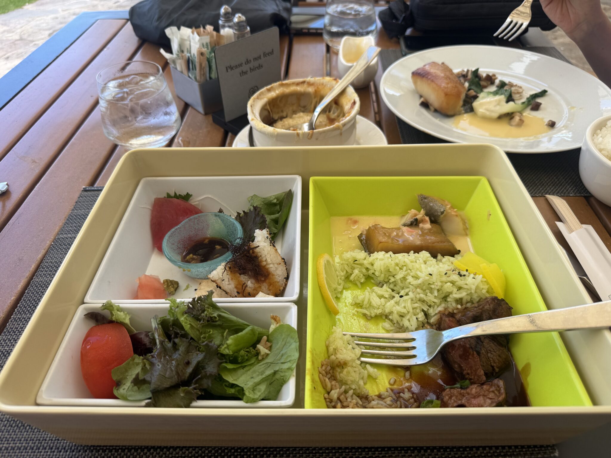 Plumeria House brunch - Kahala bento box, French onion soup, butterfish with my wife