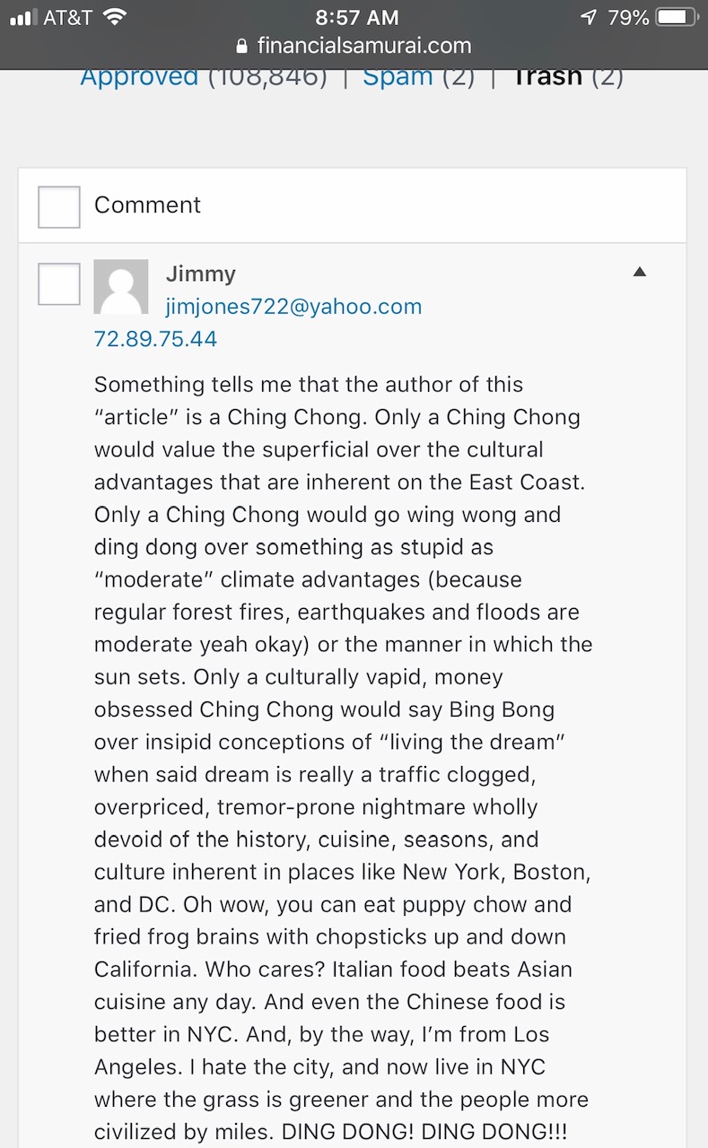 Example of online racism I receive