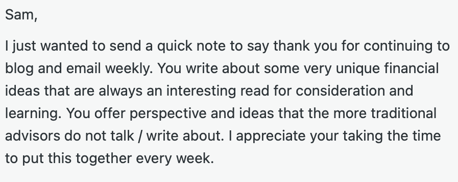Thank you note to Sam Dogen of Financial Tips from a reader