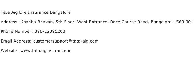 Tata Aig Life Insurance Bangalore Address, Contact Number of Tata Aig