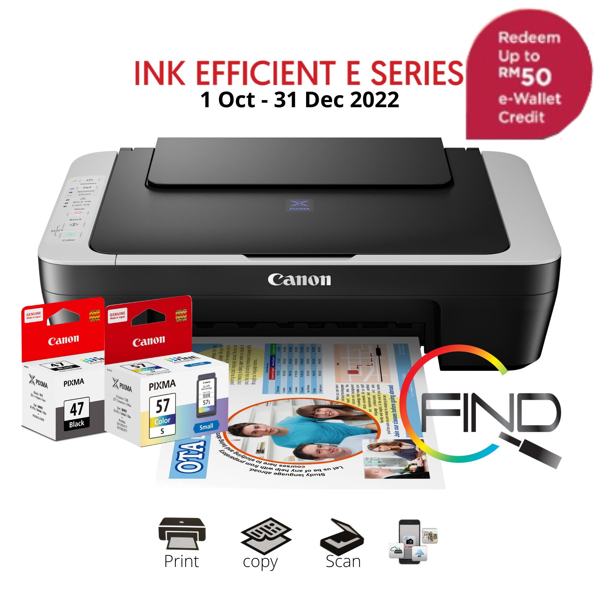 CANON PIXMA E470 (BLACKGREY) AIO ALL IN ONE WIFI PRINTER (PRINT/ SCAN