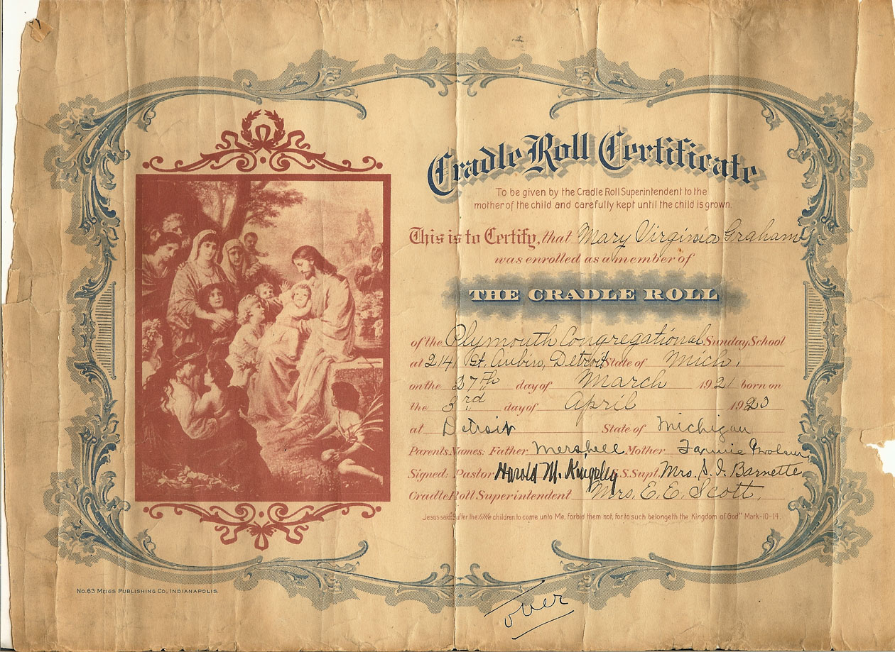 Cradle Roll Certificate Plymouth Congregational Church 1921 Finding Eliza