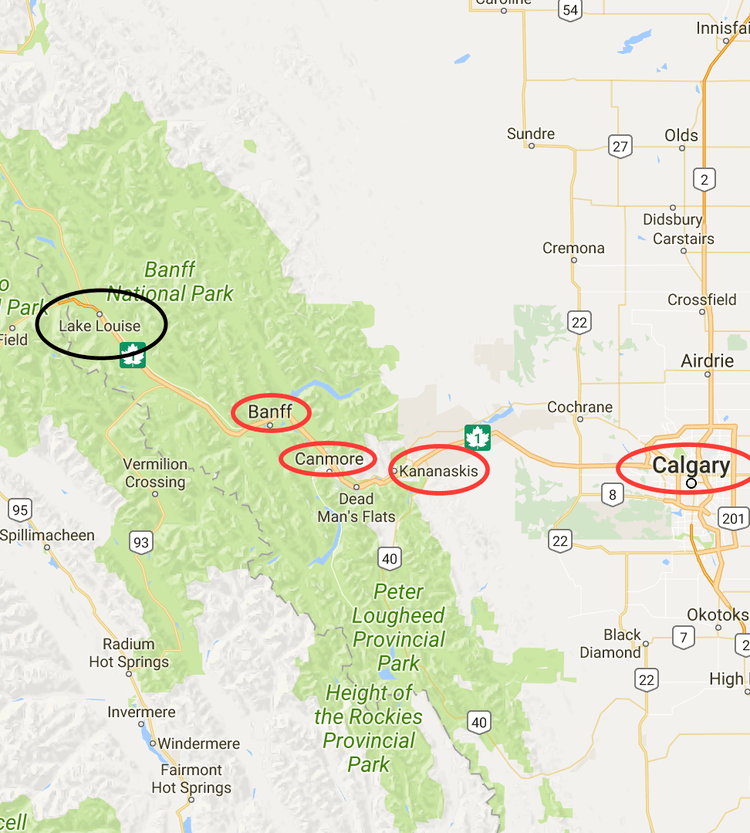 Banff Map of distance of towns to Lake Louise