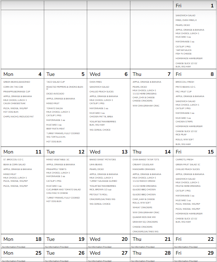 EBR Parish Schools Lunch Menu and Meal Programs FSL