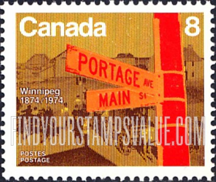 Main St. and Portage Ave.,Winnipeg,1872 8c Multicolored stamp price, value