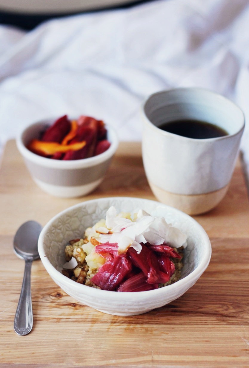 Quinoa Porridge with Almond Milk, Rhubarb, Apple, Nuts