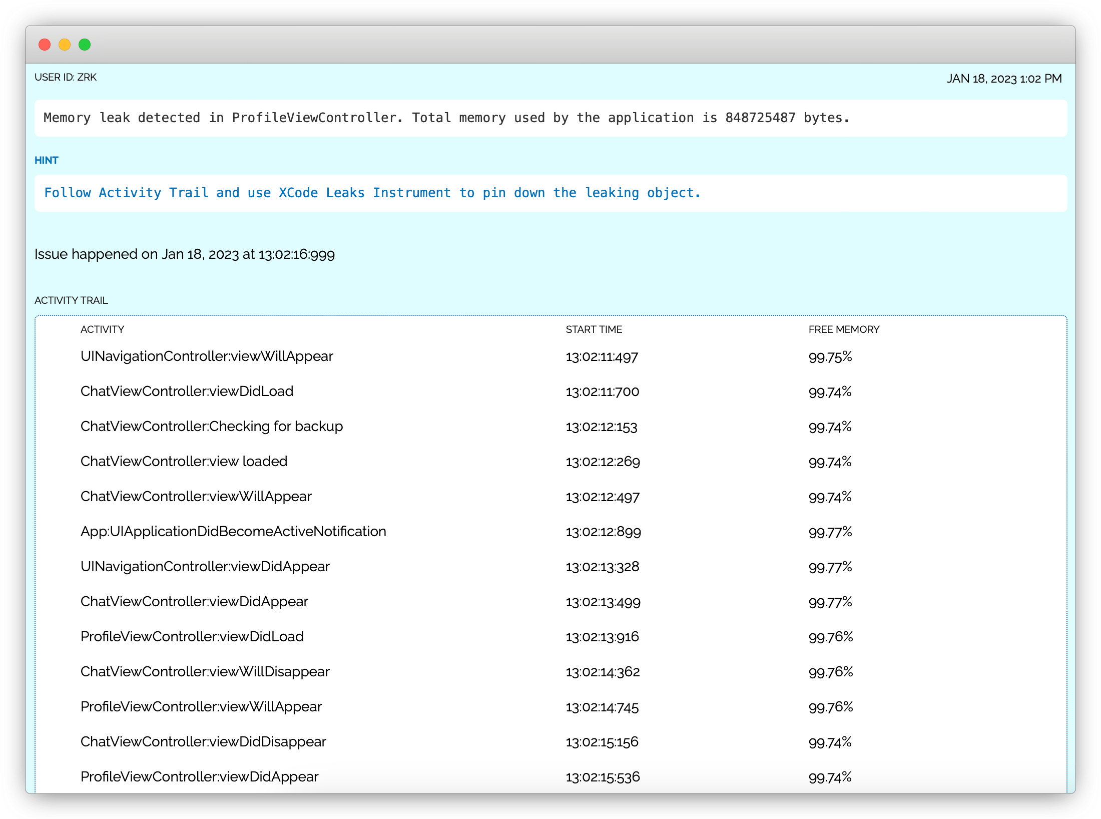 Report bugs in iOS apps. Detect performance issues, memory leaks