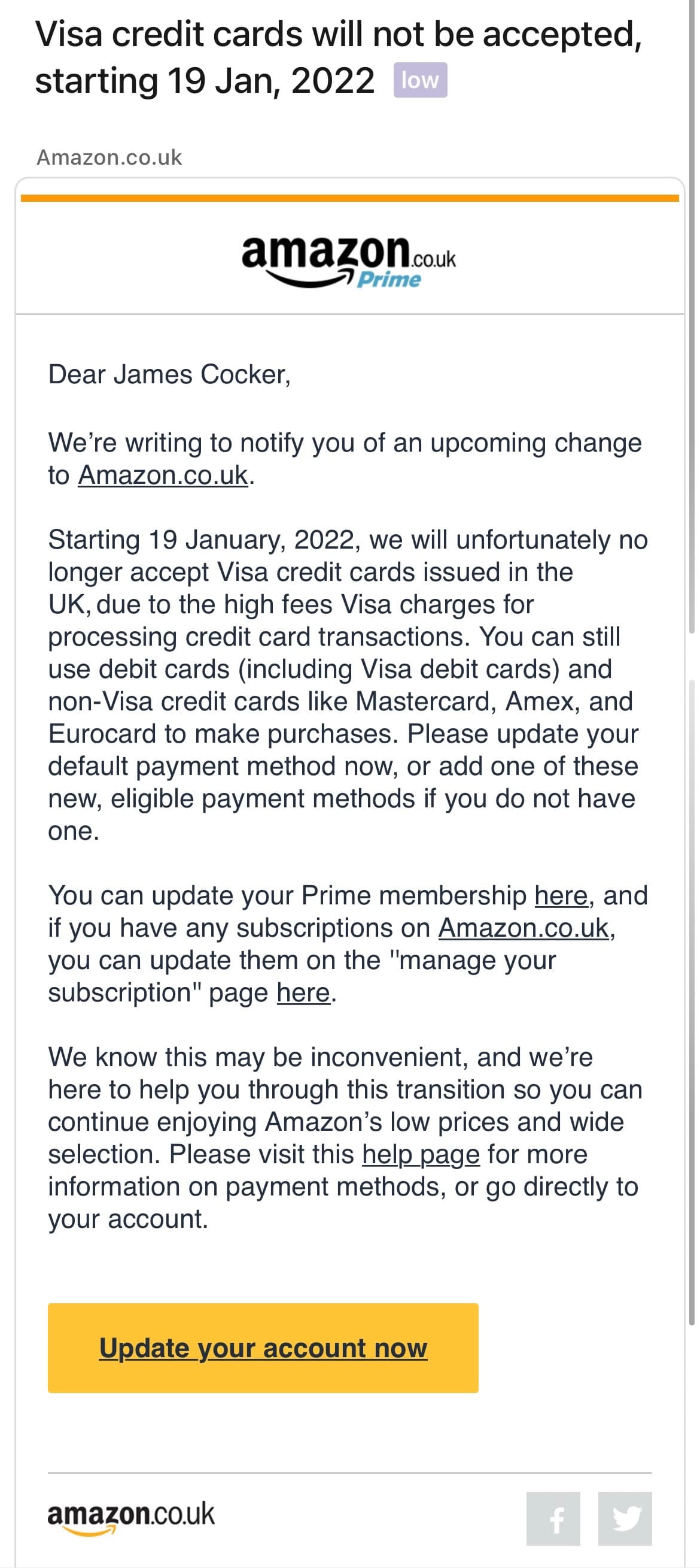 Why does Amazon not accept Visa? Leia aqui Why can’t I use my Visa