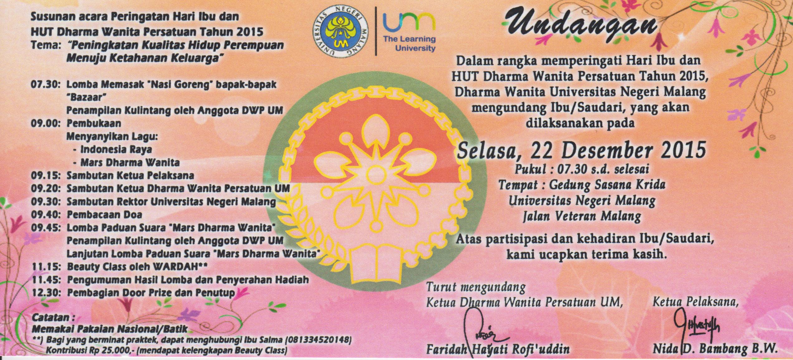 UNDANGAN HUT DHARMA WANITA PERSATUAN TAHUN 2015 Fakultas