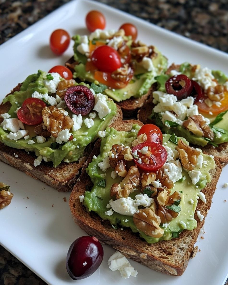 Avocado Toast with Feta, Cherry Tomatoes, Cranberries, and Walnuts