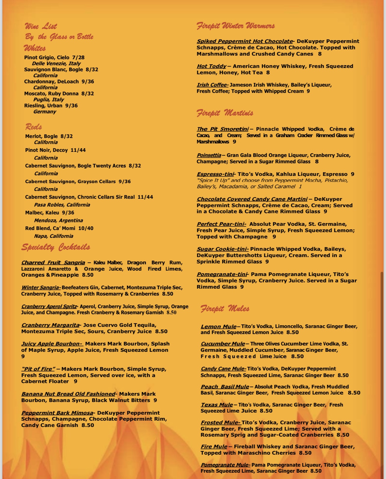 Firepit Wood Fired Grill Menus