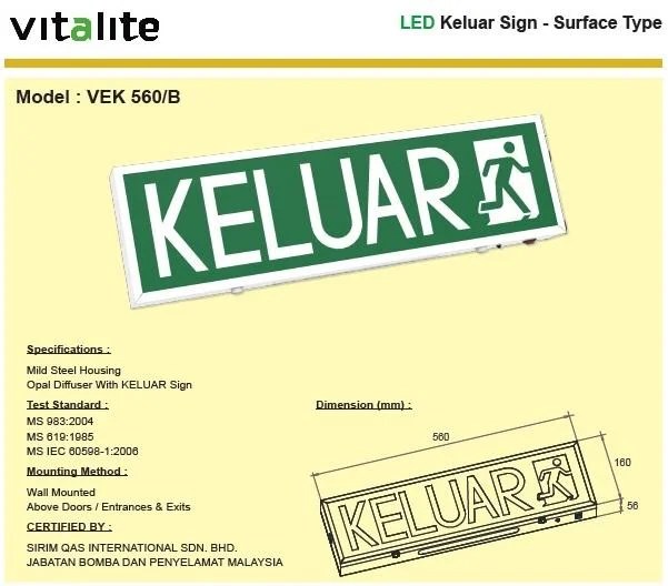 Keluar Sign LED Surface Type (VKS560/B/RM) Fire Plus