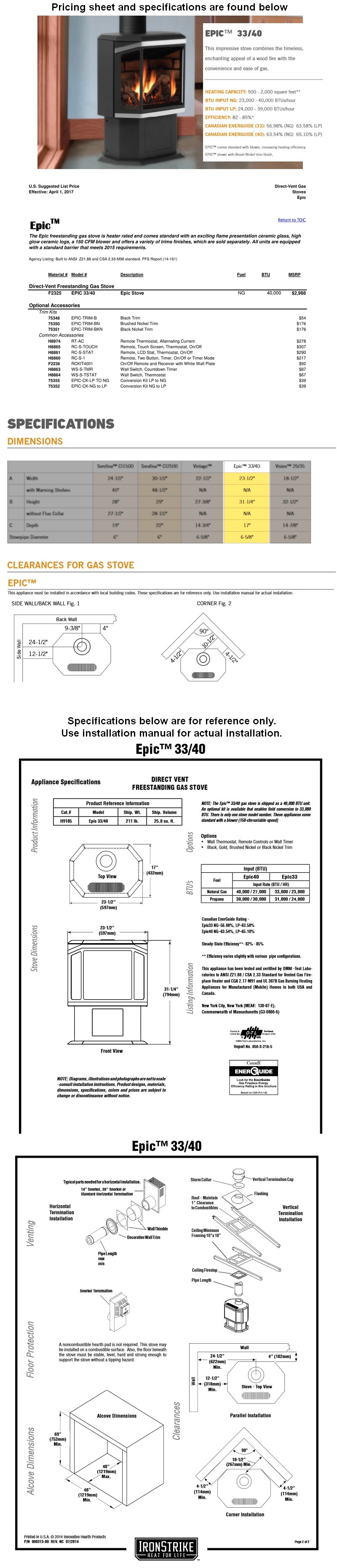 Epic Direct Vent Freestanding Gas Stove Fireside Stove