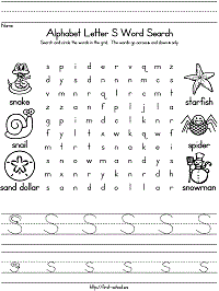 Letter S Word Search for Preschool, Kindergarten and Early Elementary