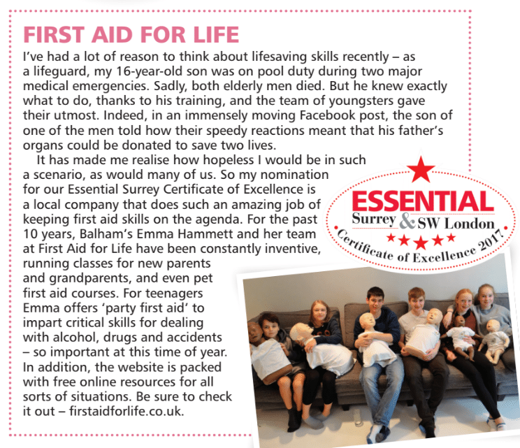 Winners of the Essential Surrey Certificate of Excellence First Aid