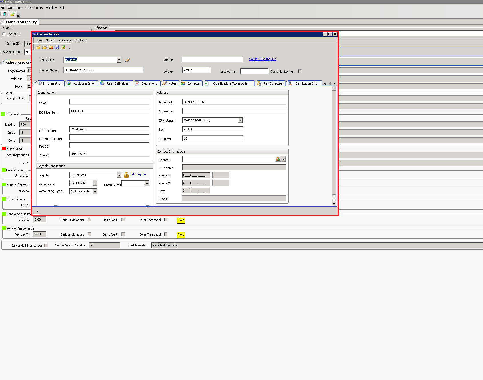 Adding a Carrier from RMIS to TMW FirstFleet Support