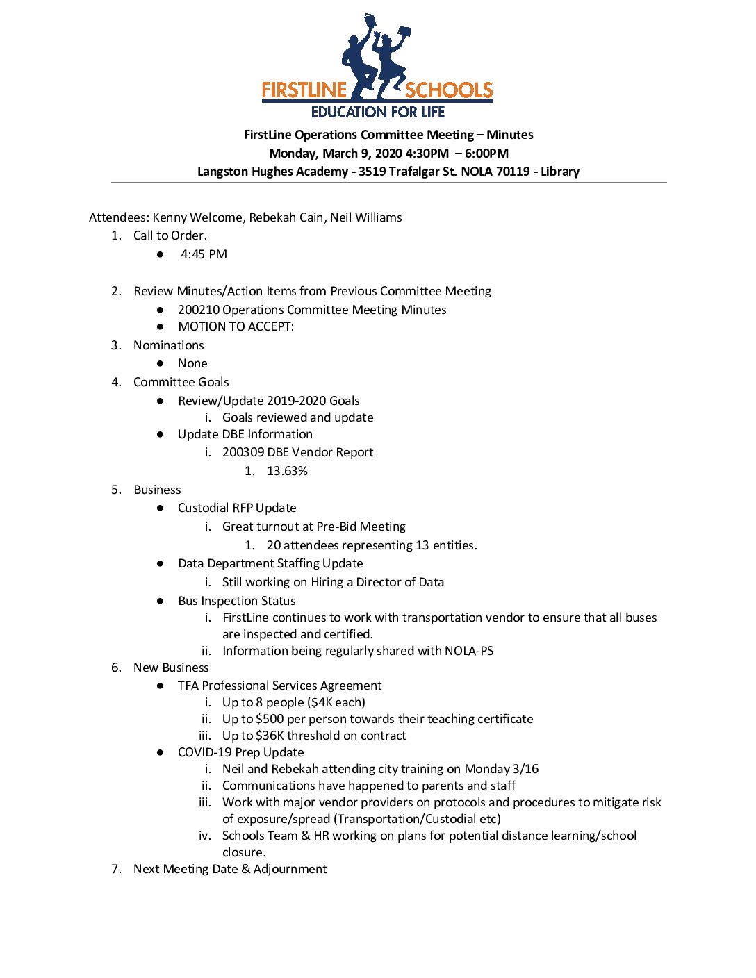 March 9, 2020 Operations Committee Meeting Minutes Firstline Schools