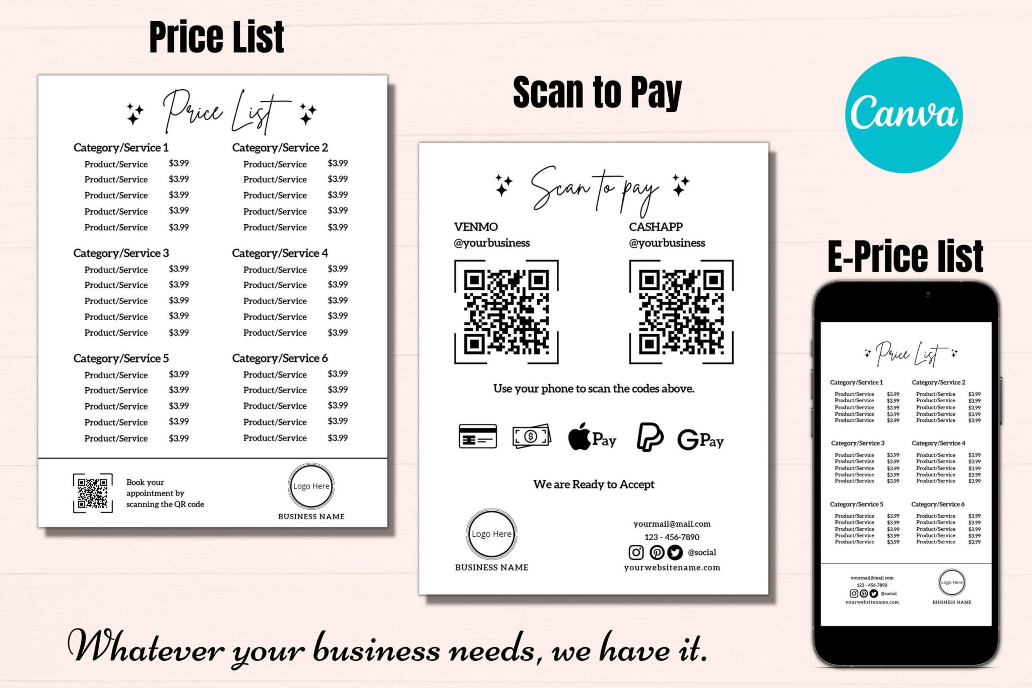 Editable Price List Template With QR Code Scan To Pay