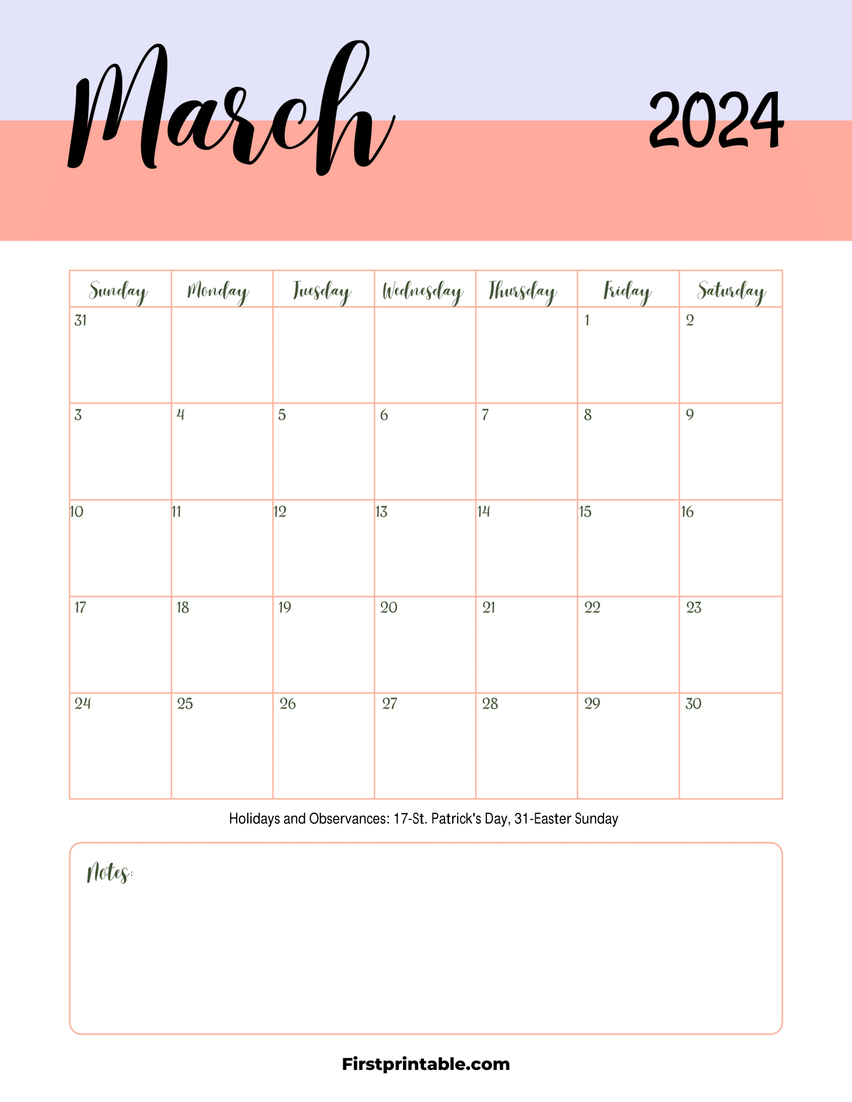 Free Printable & Fillable March Calendar 2024