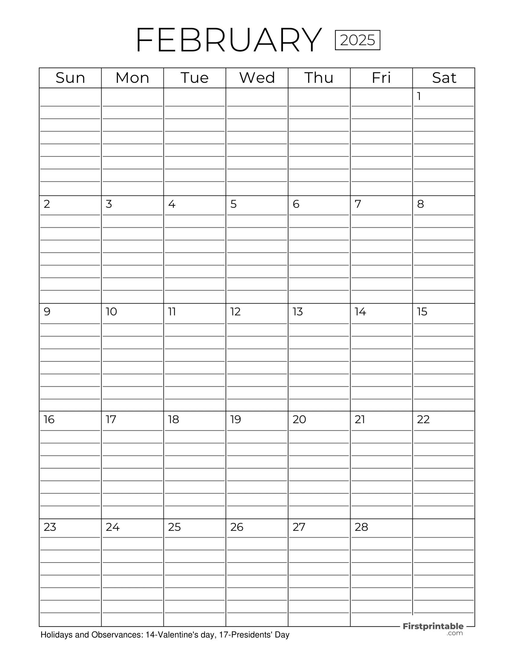 Printable February Calendar 2025 With Lines - A Chelsea Hunt