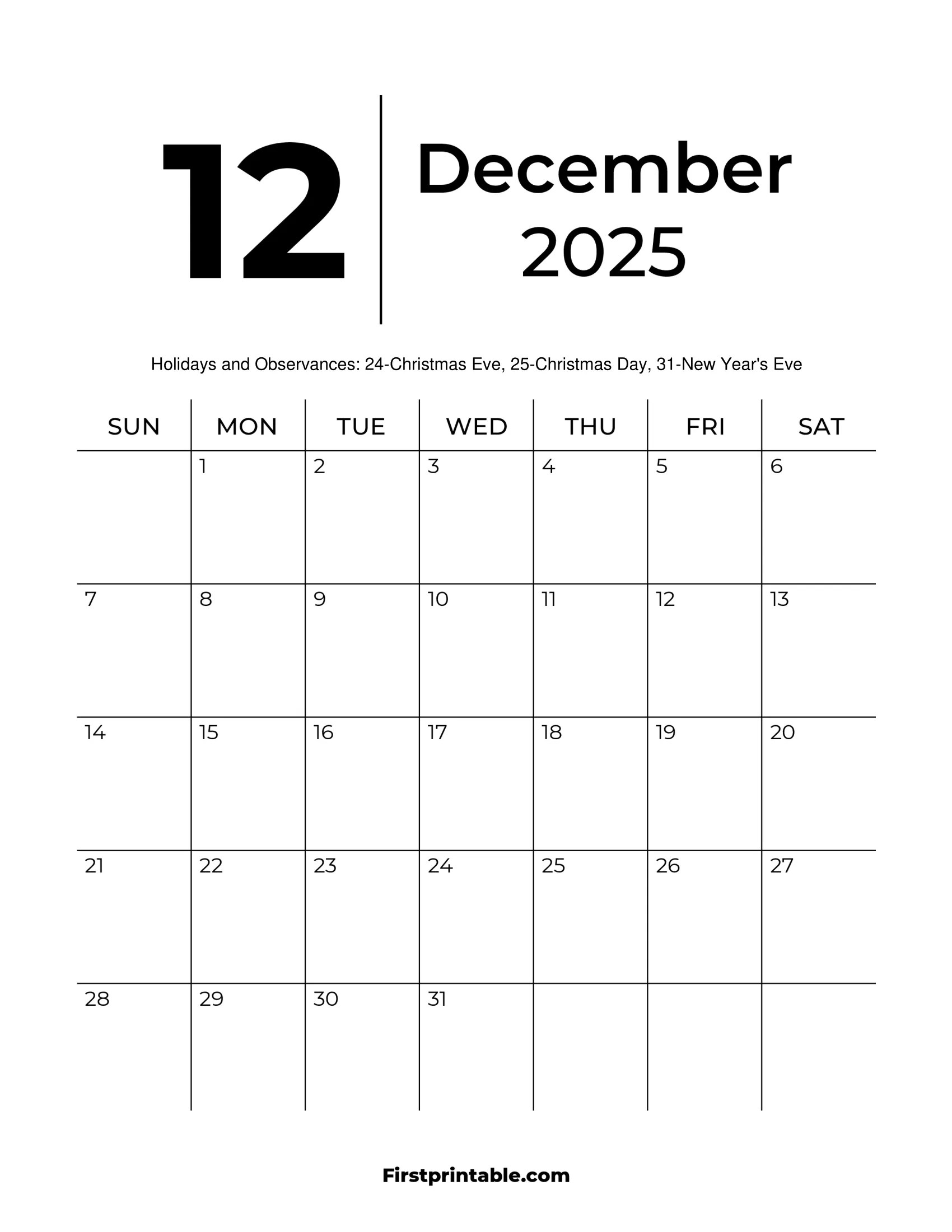 December 2025 Calendars Free Printable & Fillable