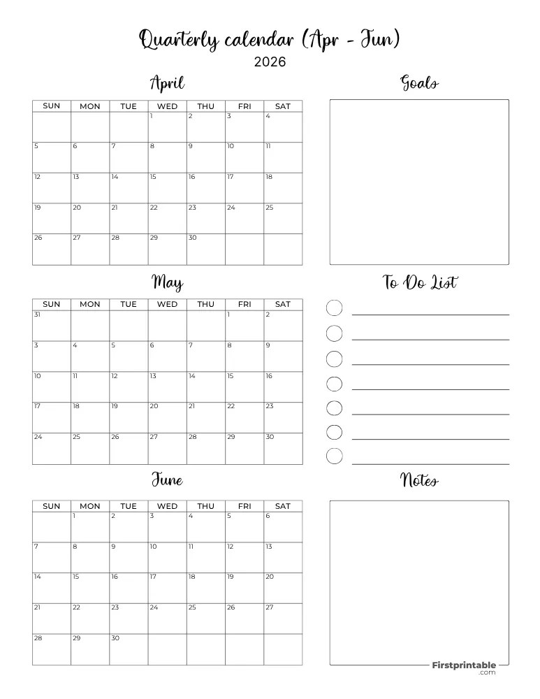 3 Month/Quarterly Calendar 2026 Template Printable PDF