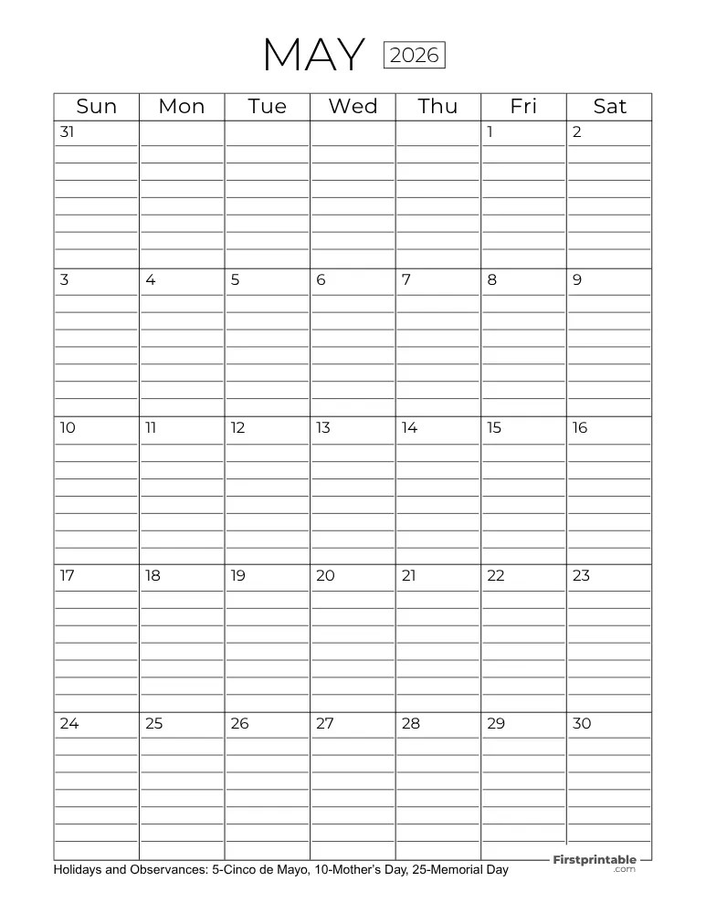 May 2026 Calendars Free Printable &amp; Fillable