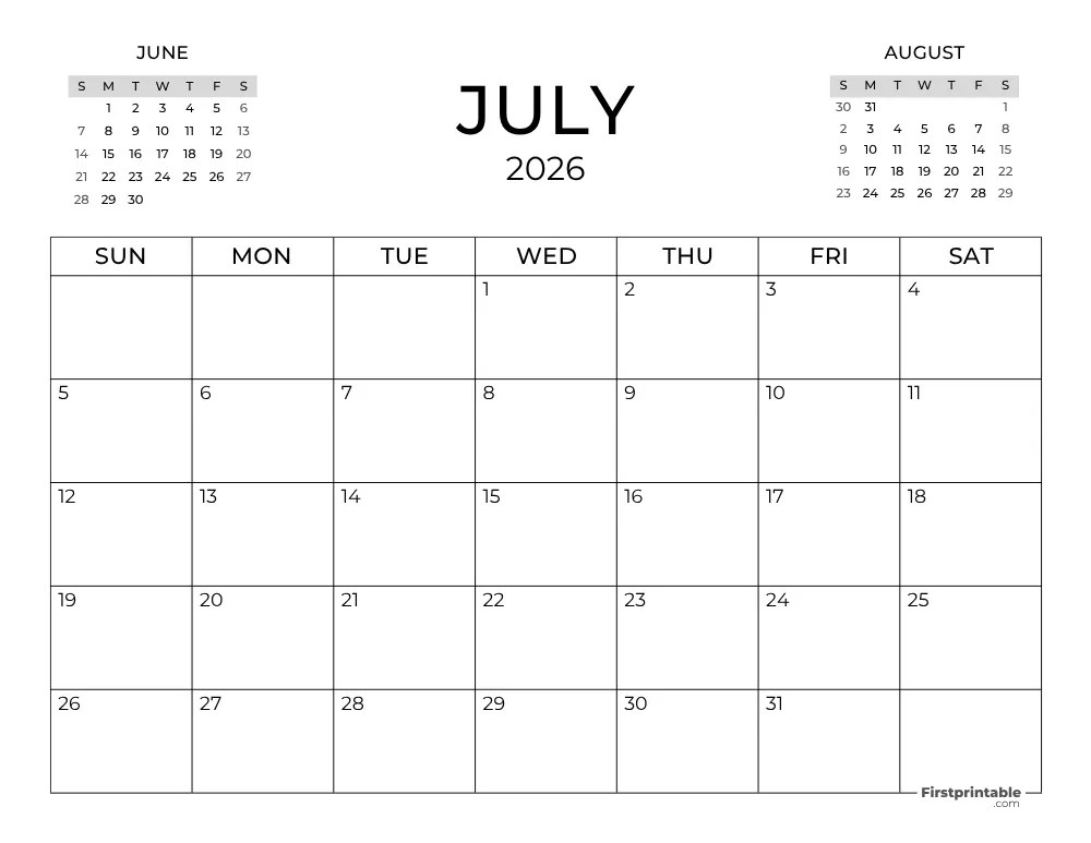 July 2026 Calendars Free Printable & Fillable