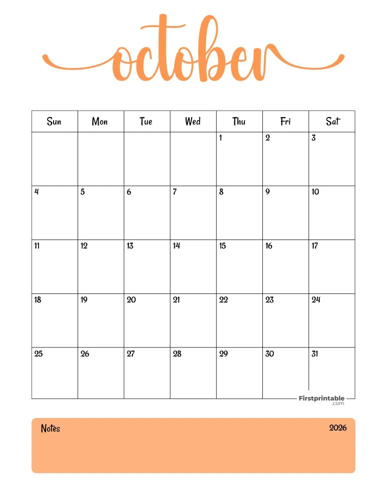 October 2026 Calendars Free Printable &amp; Fillable