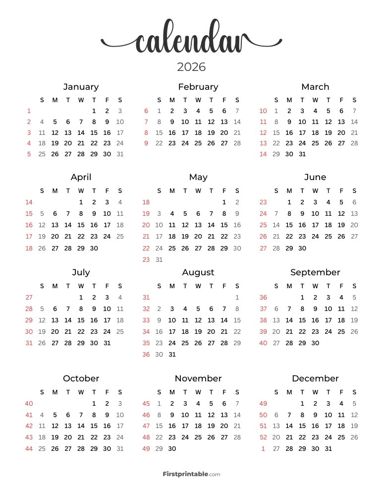 2026 Calendar With Week Numbers Free PDF Printables