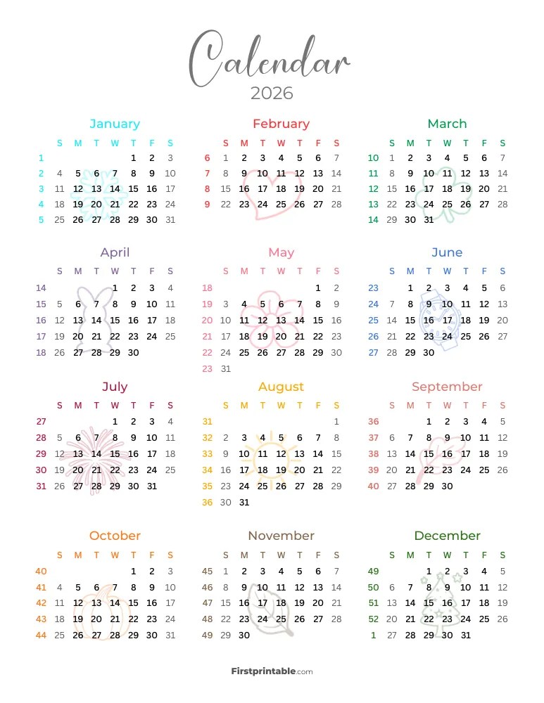 2026 Calendar With Week Numbers Free PDF Printables