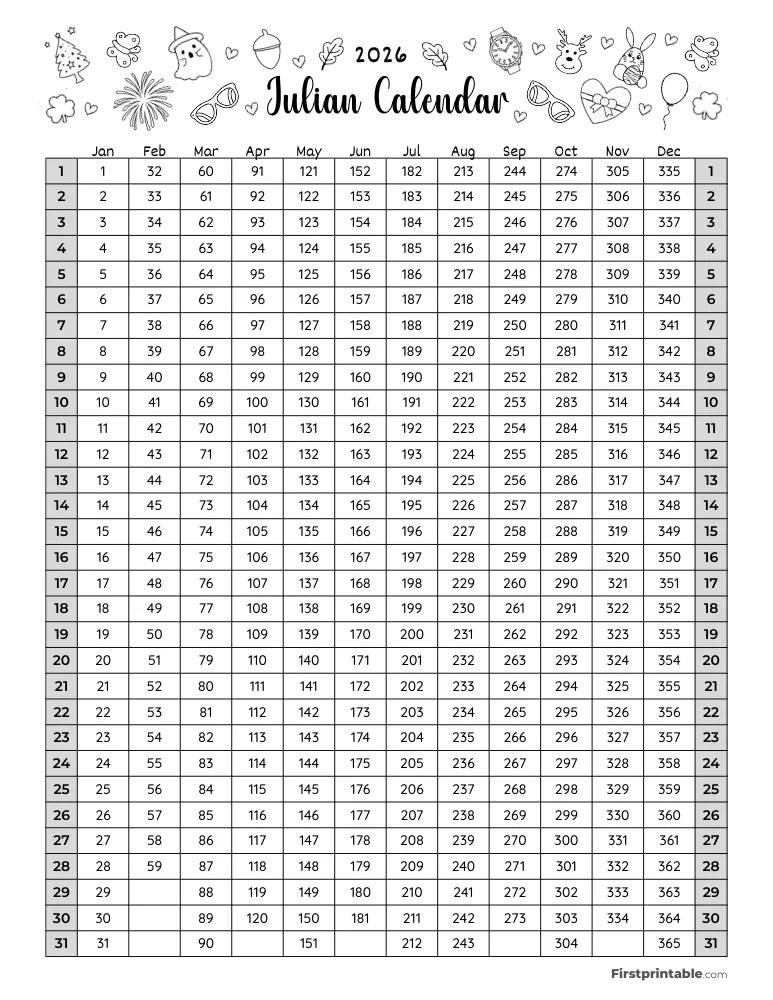 Julian Calendar 2026 Free PDF Printables