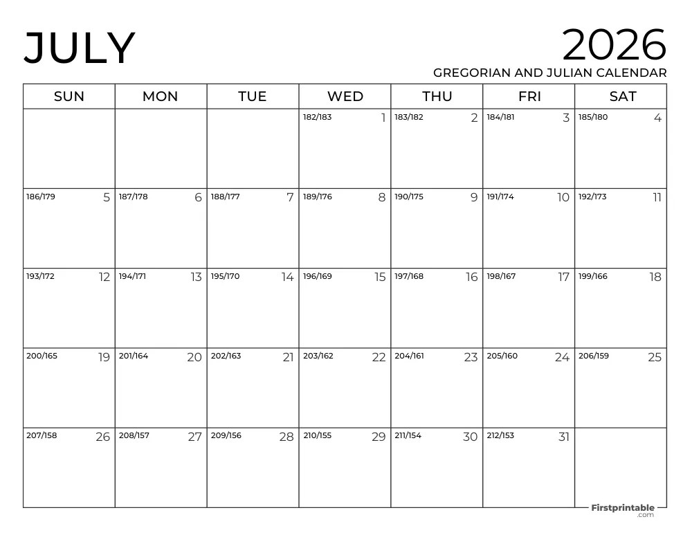 Julian Calendar 2026 Free PDF Printables