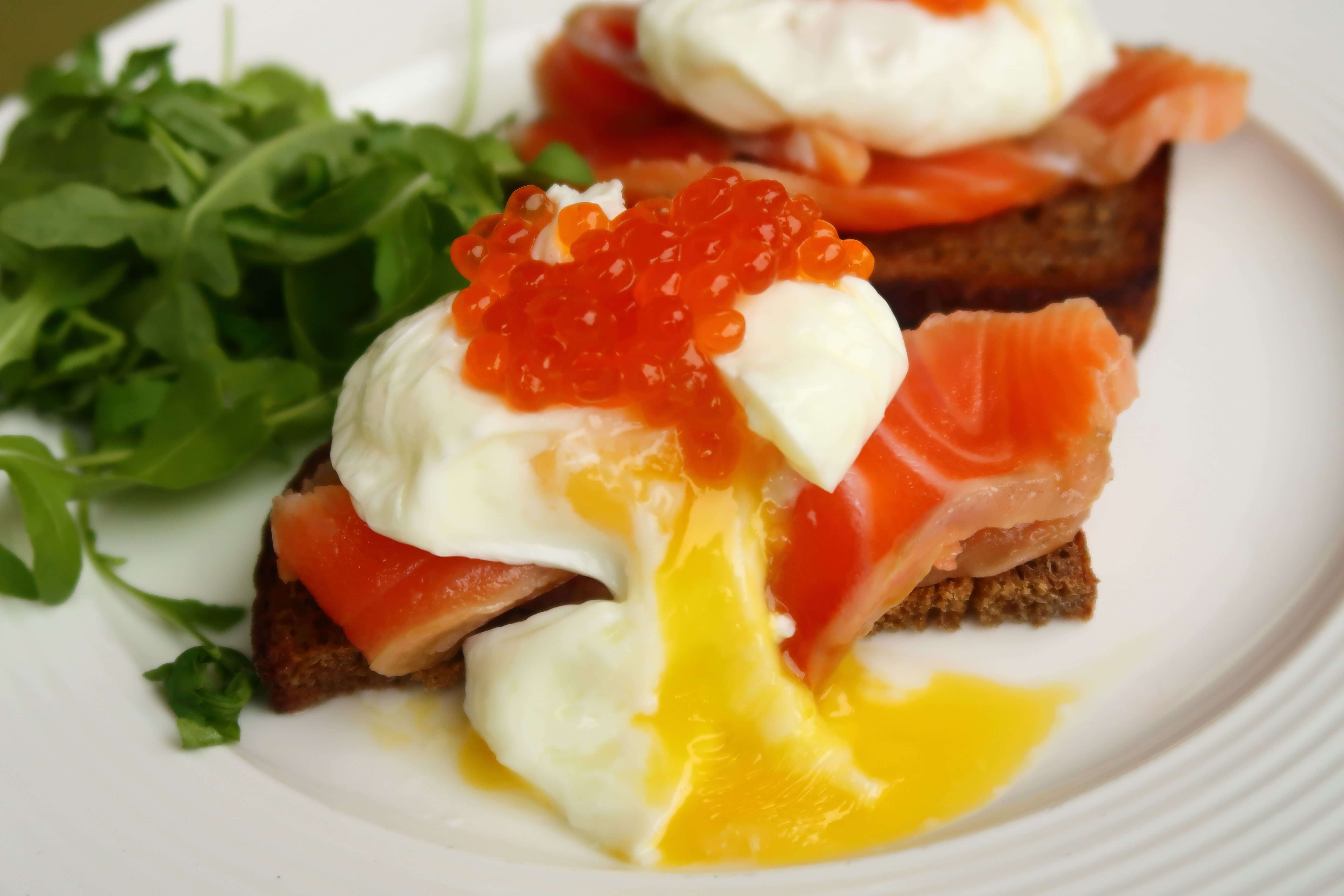 Seafood and poached egg breakfast Fish & Caviar