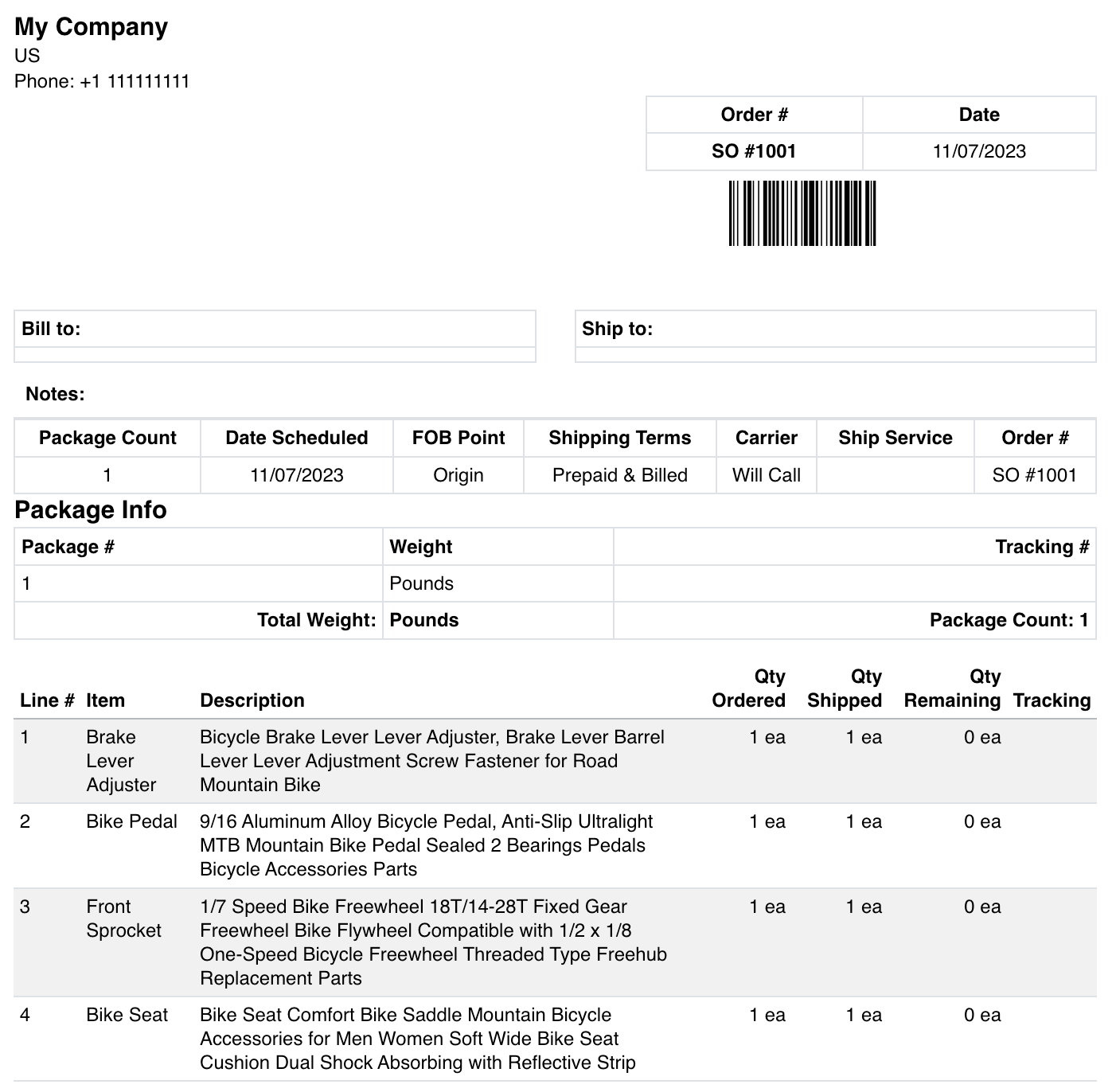 Fishbowl Drive Packing List Report