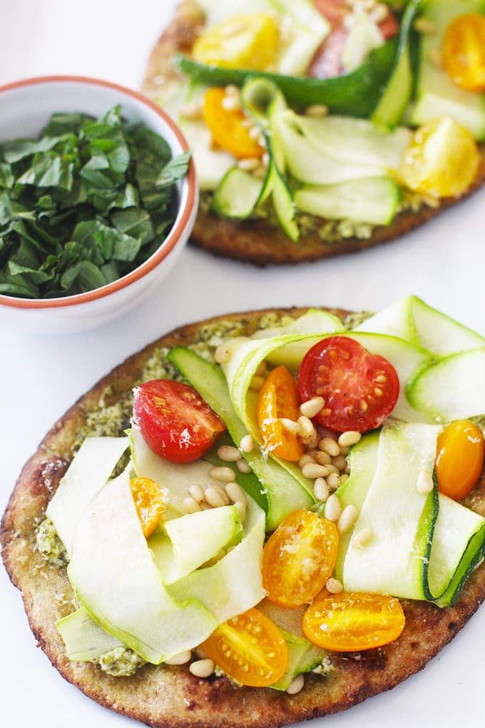 Grilled Flatbread with Pesto Ricotta and Zucchini Ribbons {vegetarian