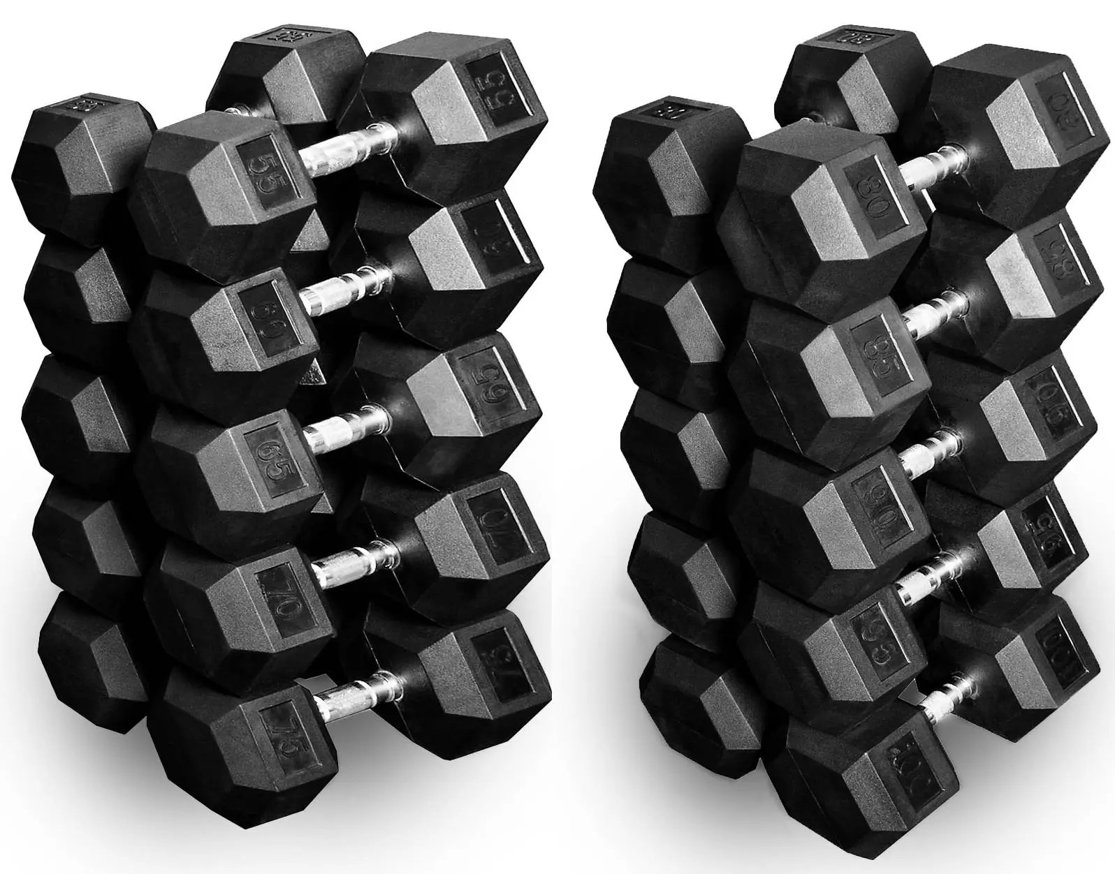 French Fitness Rubber Coated Hex Dumbbell Set 55100 lbs Hex