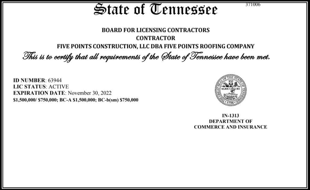 Our License & Insurance Information Five Points Roofing