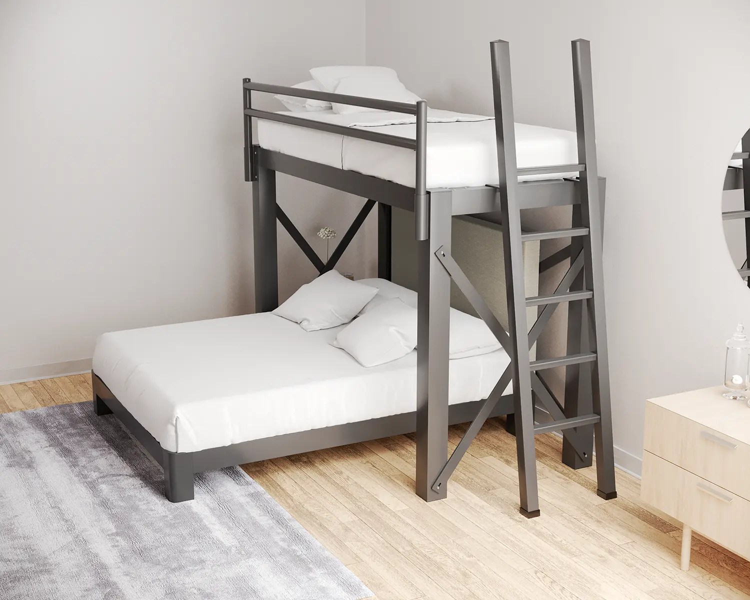 Twin Over Queen LShaped Bunk Bed